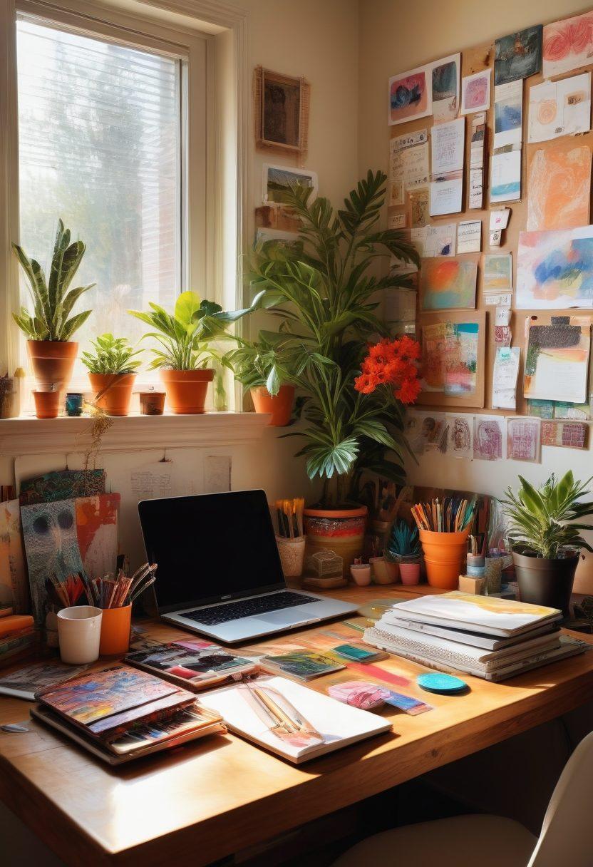 A visually striking workspace filled with an array of creative tools like notebooks, laptops, and vibrant art supplies, depicting a personal and lifestyle blogger in action. Include elements like inspirational quotes on the wall and a colorful potted plant for a warm touch. Captivating sunlight streaming through a window, casting patterns on the wooden desk. warm colors, inspirational atmosphere, inviting clutter, organized creativity. super-realistic. vibrant colors.