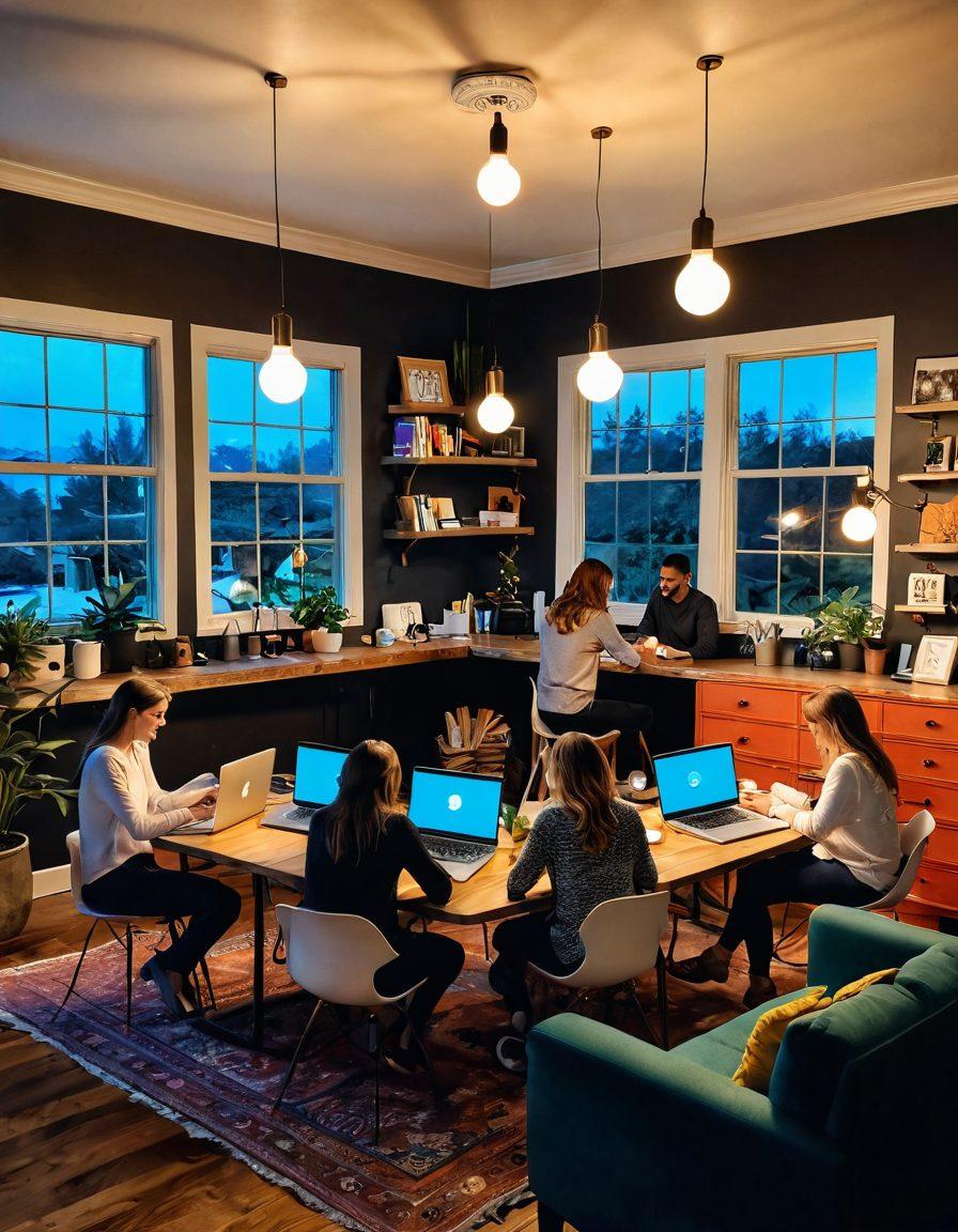 A vibrant illustration featuring a diverse group of bloggers collaborating in a cozy, inviting workspace, surrounded by laptops, notebooks, and coffee cups. Floating light bulbs and gears above them symbolize creativity and ideas in motion. A backdrop with motivational quotes related to blogging adds a touch of inspiration. super-realistic. vibrant colors. cozy atmosphere.